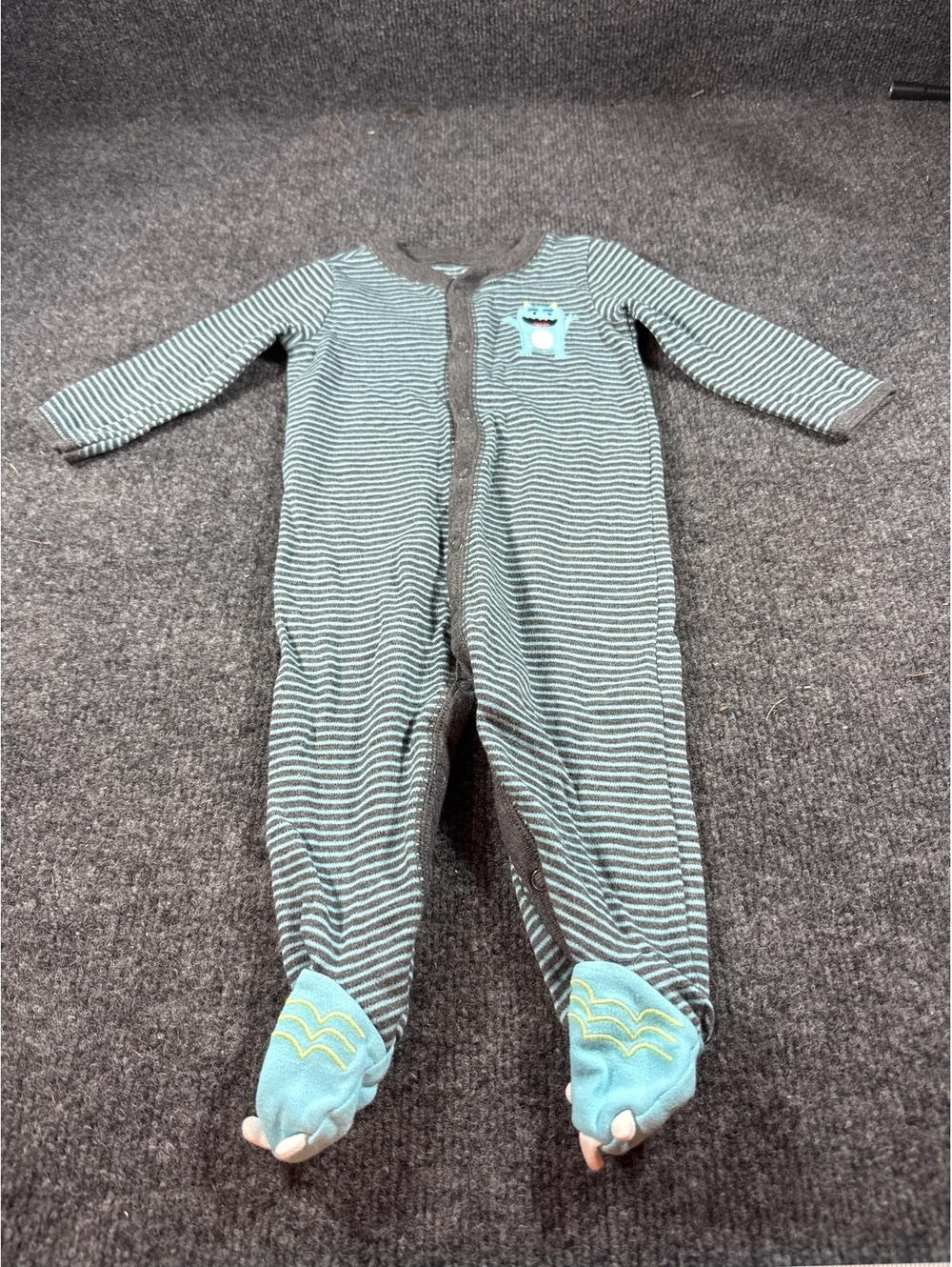 Carter’s Baby 6M Gray Teal Striped Footed Sleeper Dinosaur Zip Pajamas